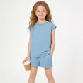 thumbnail image 3 of Girls 2 Piece Outfits Set Solid Color Round Neck Short Sleeve Top and Drawstring Shorts Set Summer Casual Loungewear Comfortable Clothing Sets with Pockets, 3 of 9