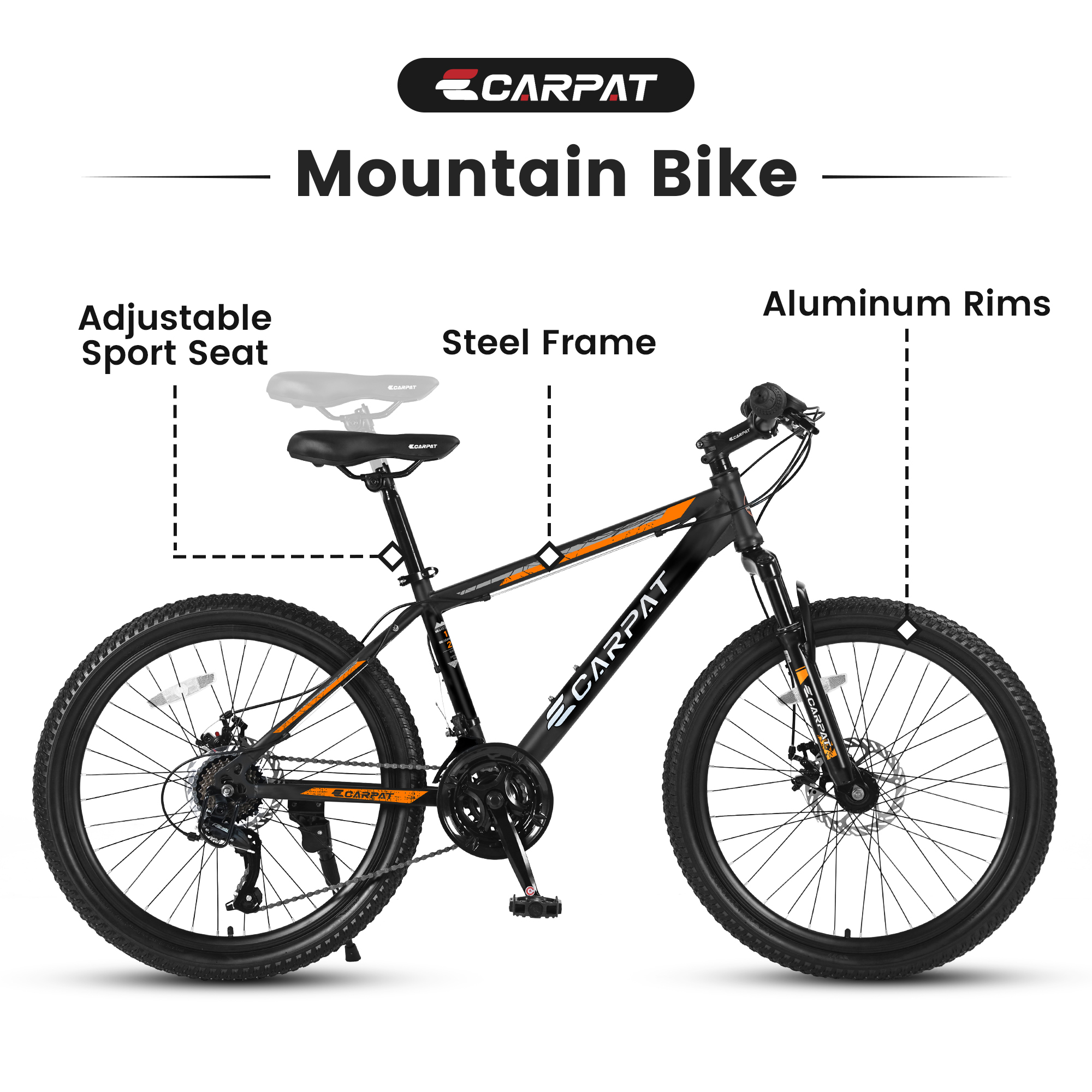 26-Inch Mountain Bicycle for Adults & Teens, Shimano 21-Speed with Disc Brakes, Orange