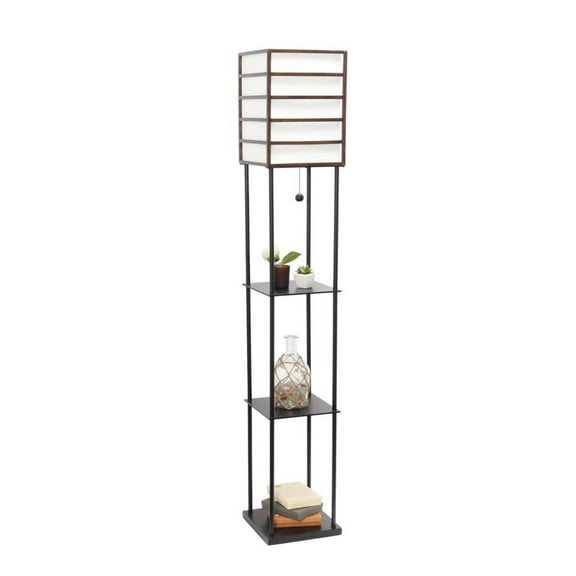 Lalia Home 60" Metal Etagere 1-Light Floor Lamp with Storage Shelves and Linen Shade, Dark Wood