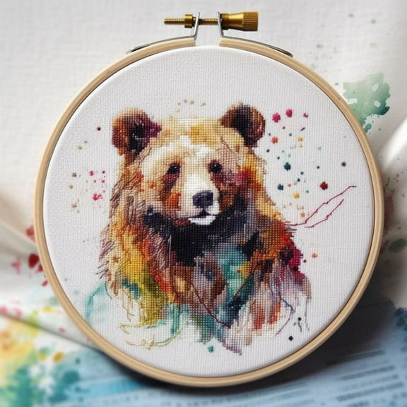 Generic Counted Easy Cross Stitch Kits Watercolor Bear Color Stamped Embroidery for Starter Kits DIY 11CT Stamped Patterns Embroidery Needlework Kit Supplies 12 Inch Hoop Included(224-E)