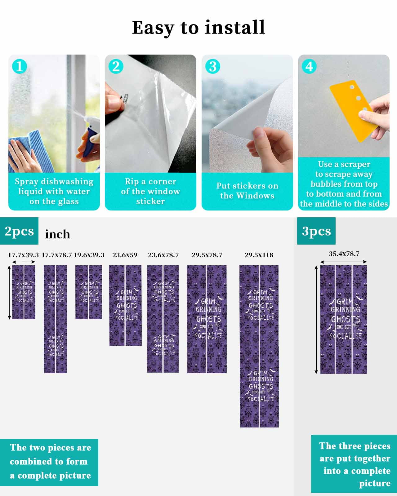 Purple Halloween Window Privacy Film Stained Glass Window Film Decorative Windows Cover Static Windows Cling for Glass Door White Bat Black Pumpkins Stickers for Bathroom 29.5"x118"