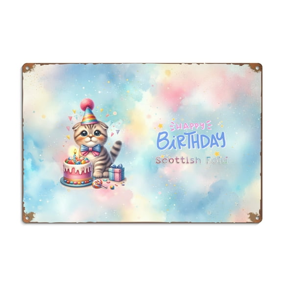 Happy Birthday Cute Kitten Scottish Fold with Cake Gifts Party Hat Horizontal Metal Aluminum Sign Cat Lover Kitten Owner Gifts Wall Art Home Decor - 00029