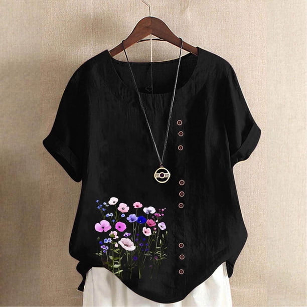 TaTaai Casual Printed Button Blouse, Women's Short Sleeve Linen Feel T-Shirt, Comfortable Top for All Seasons Gift