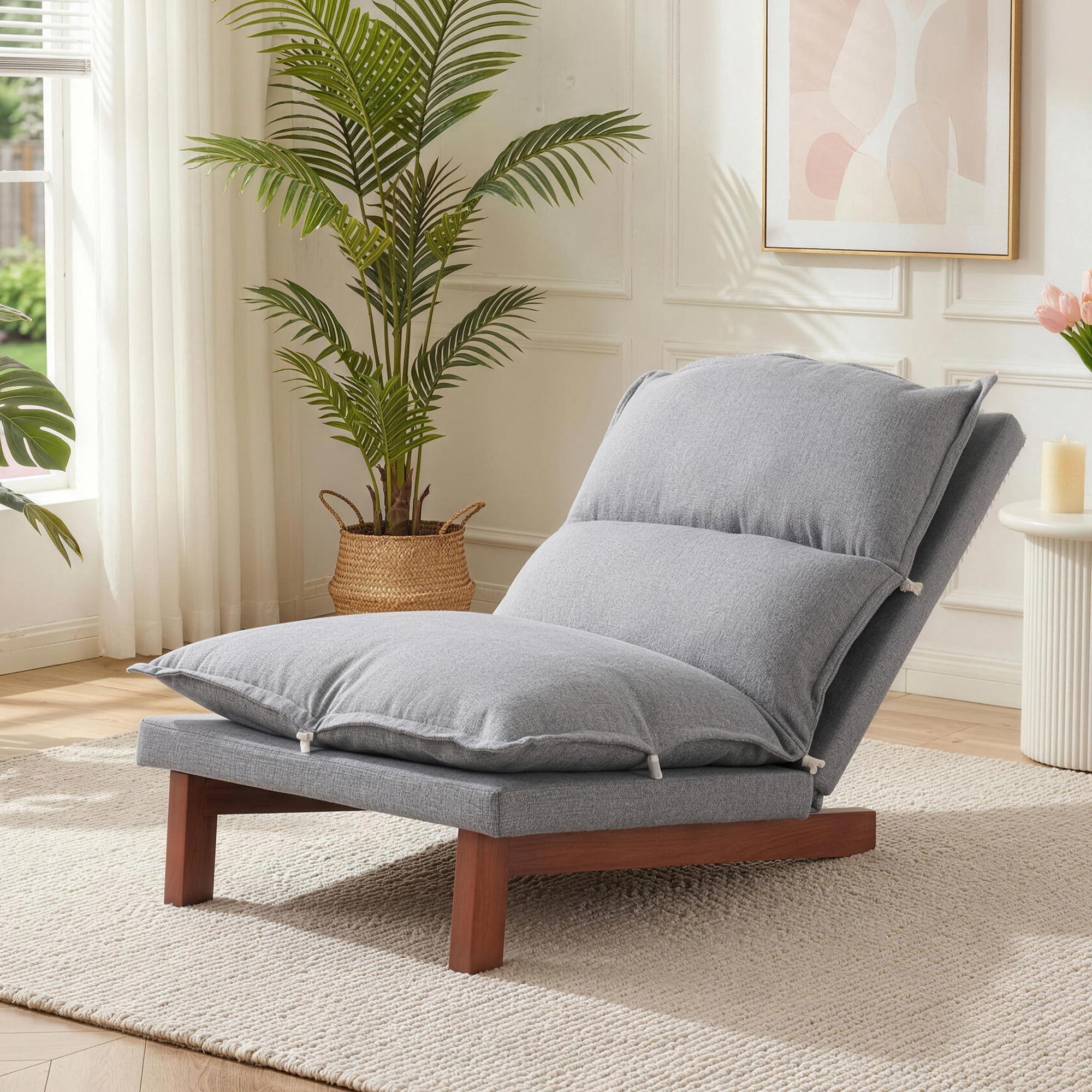 AENKYO 5-Position Adjustable Floor Lounge Chair, Gray Linen Tatami Recliner with Solid Wood Legs for Living Room