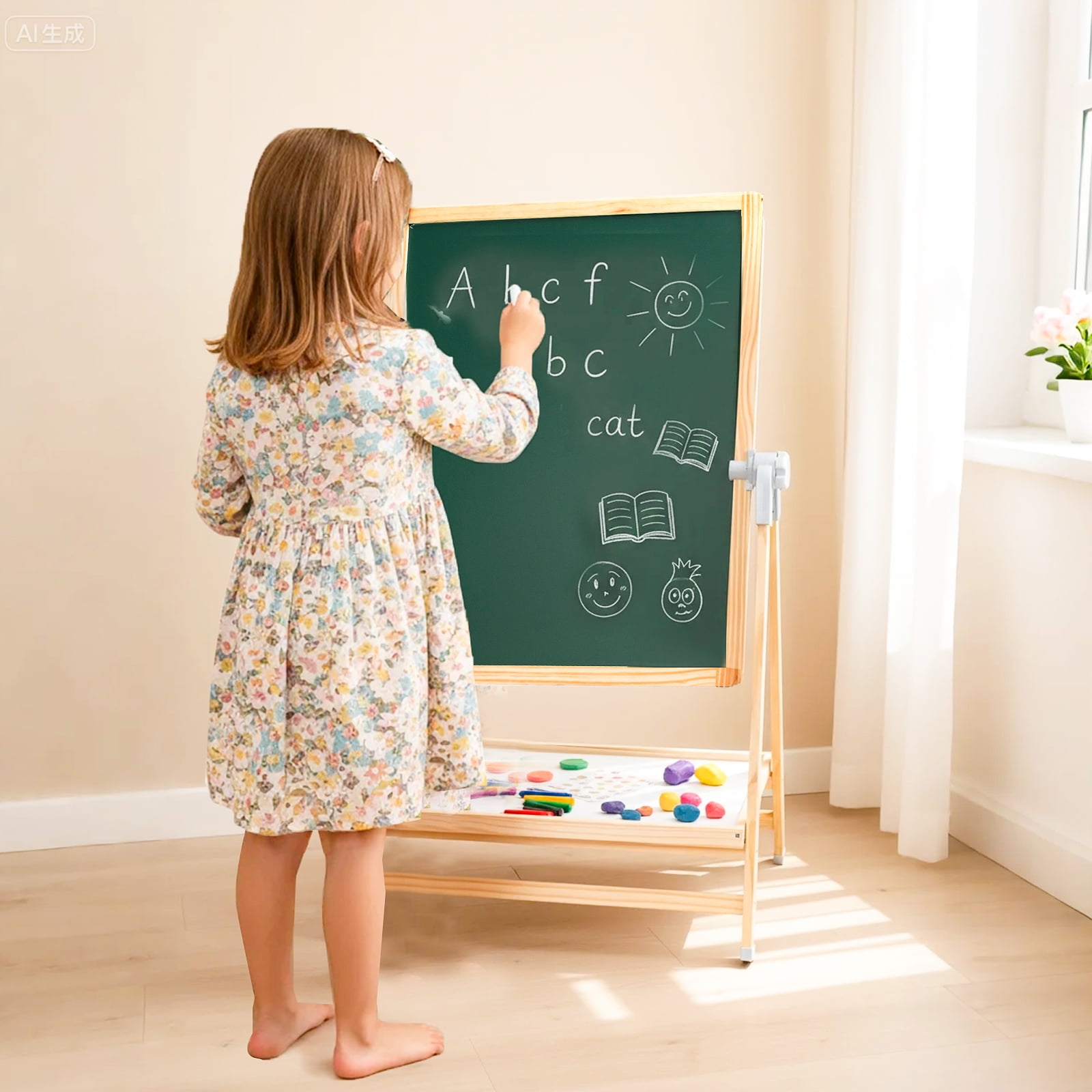 Jacgood Art Easel for Kids, Adjustable Double Side Art Drawing Standing Dry Erase & Chalkboard for Boy & Girls , Adjustable Height, Wooden Gift & Art Supplies