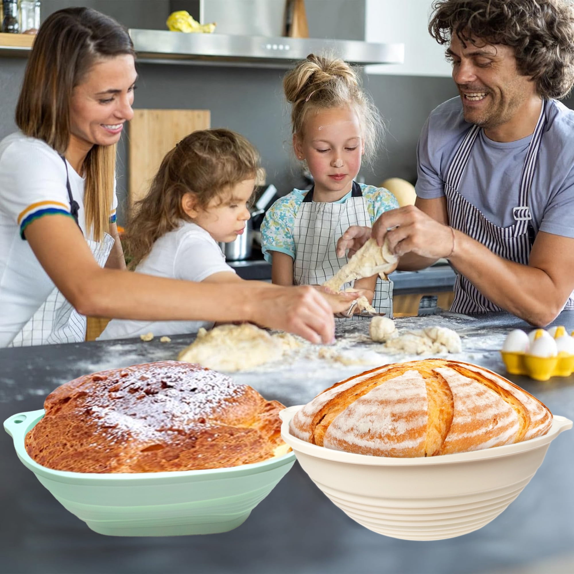 Livease Silicone Bread Banneton Proofing Basket Sets w/Liners & Baking Mats, Sourdough Starter Kit