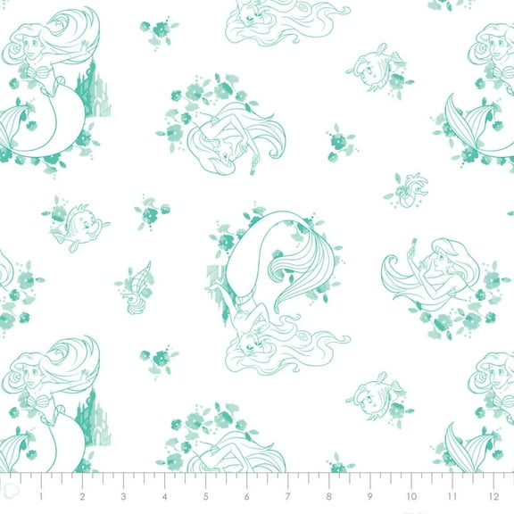 Disney Princess Forever Ariel Toile in Light Green 100% Cotton Fabric Sold by the Yard