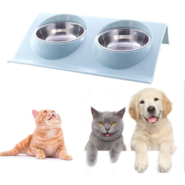Comedero para gatos de acero inoxidable antideslizante, comedero para gatos, gatos criados, comederos para gatos, comedero doble para gatos, con dos comederos de acero inoxidable, para gatitos JFHHH pequeña