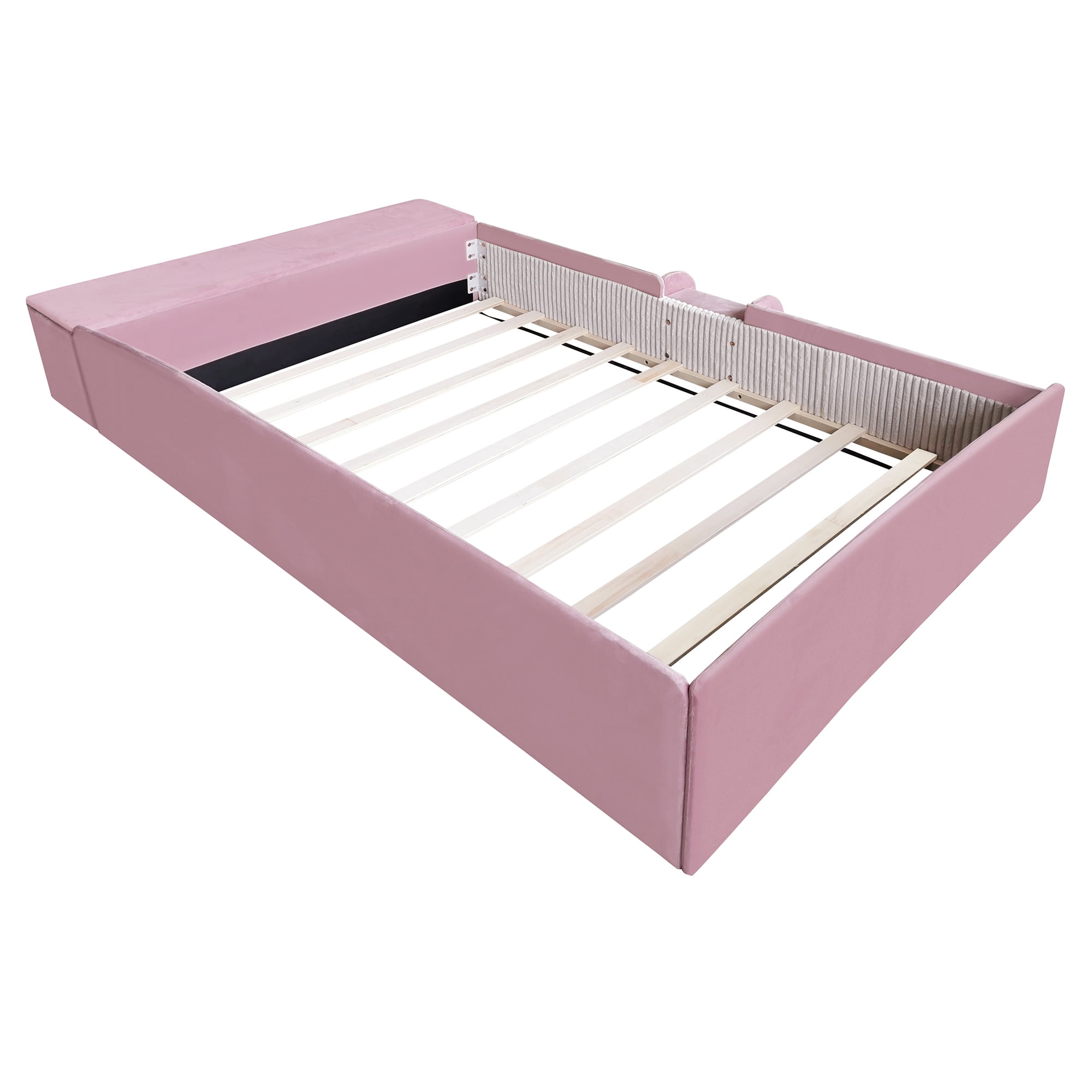 Leumius Full Size Floor Bed Frame with Stairs & Gas Lift Storage Ottoman, Velvet Upholstered Daybed with Padded Guardrails, Pink+White