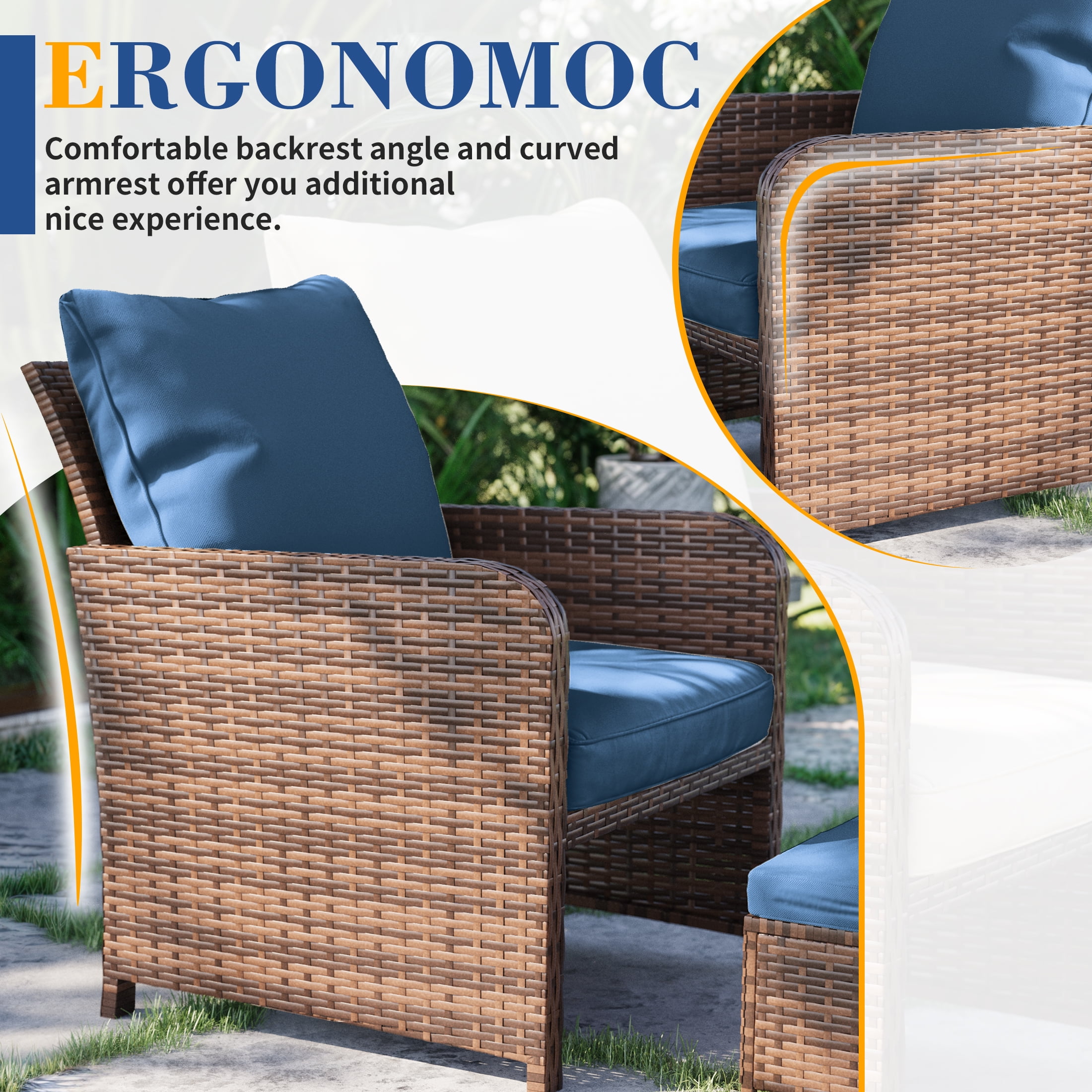 Poteban Balcony Furniture 5 Piece Patio Furniture Set, Outdoor Patio Chair with Ottoman for Front Porch Deck, Wicker Lounge Chair with Side Table,Blue