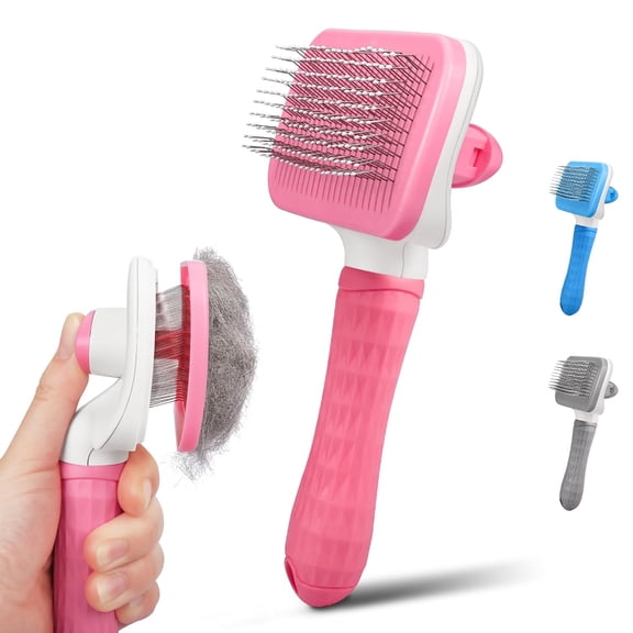 Dog & Cat Brush, Self Cleaning Slicker Brush for Pets, Upgraded Dog Brush for Shedding Massaging and Grooming, Removes Loose Undercoat & Portable Comb for Long Short Haired Dogs(Pink)