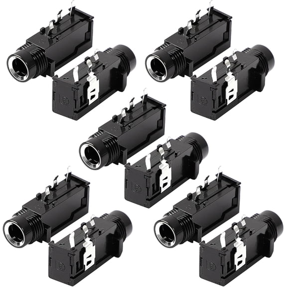 10-Pack 1/4" 6.35mm Mono Female Jack Audio Connectors, 3-Pin PCB Panel Mount Headphone Socket with Thread Lock for AV, Car Audio & DIY Repair (Black)