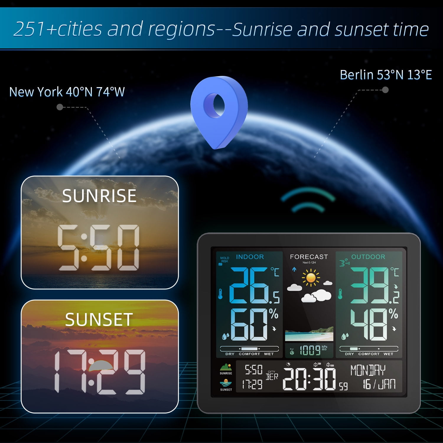 Weather station,Weather Station Temperature Pressure Weather Screen Clock Temperature Display Alarm Clock Weather Display Alarm Pressure Weather Display Color Screen Clock Support Mewmewcat