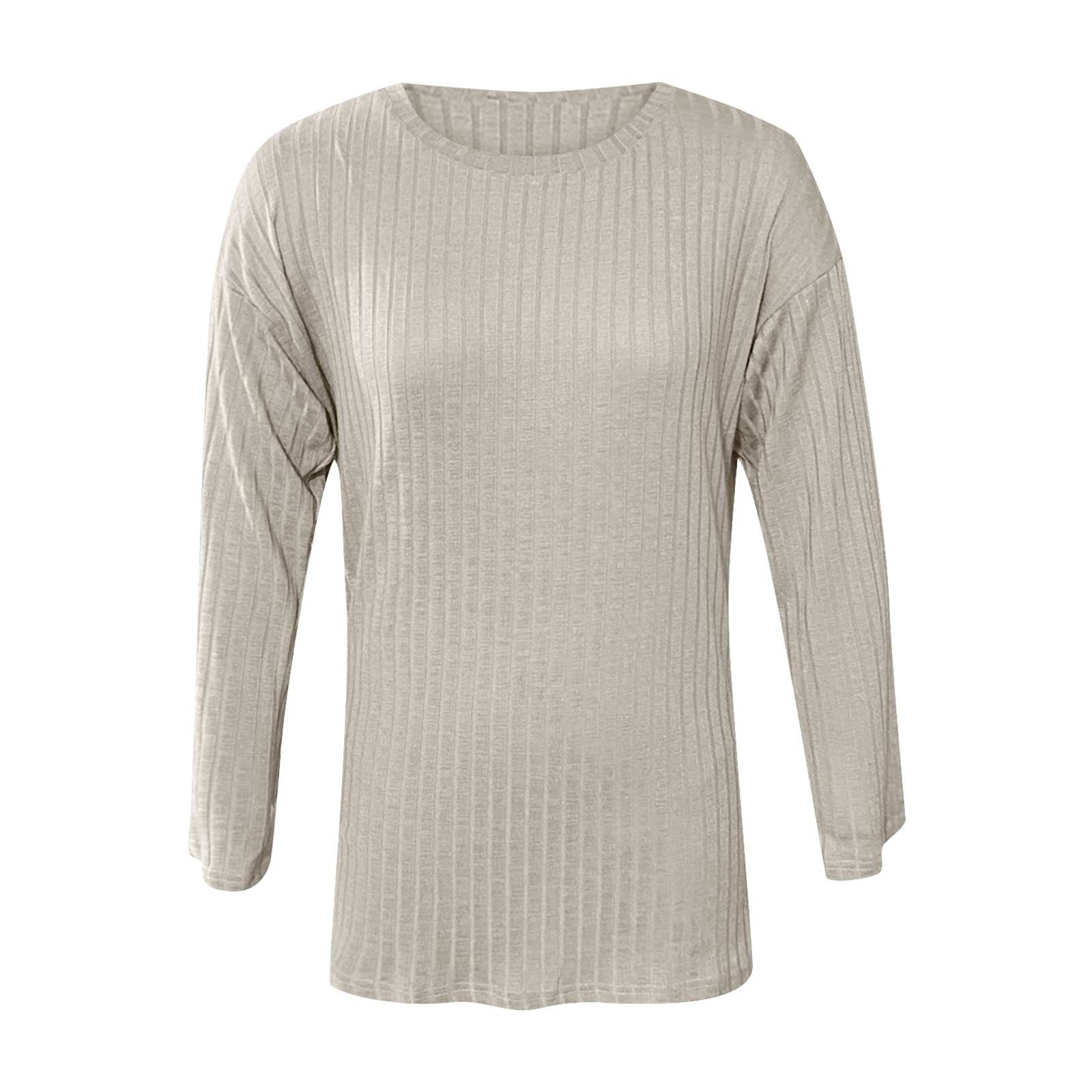 Womens Solid Color Tunic Tops Long Sleeve Crewneck Sweatshirt Knit High Low Curved Hem T-Shirts Casual Loose Pullover
