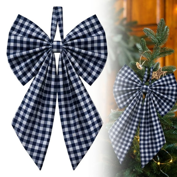 Xmas Plaid Bows,Christmas Tree Topper Bow,1PCS 9.88" Large Bow for Decor,Birthday Party Backdrop,Hanging Decor for Christmas Room Backdrop Wedding Party Coquette Room Decorations(Dark Blue)