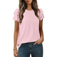 thumbnail image 2 of Pink Ladies Ruffle Short Sleeve Tshirts Loose Fit Tee Tops for Juniors Boat Neck Faux Gauze Linen Brunch Pleated Plain Fall Summer Tee Shirt 2025 Clothes S, 2 of 7