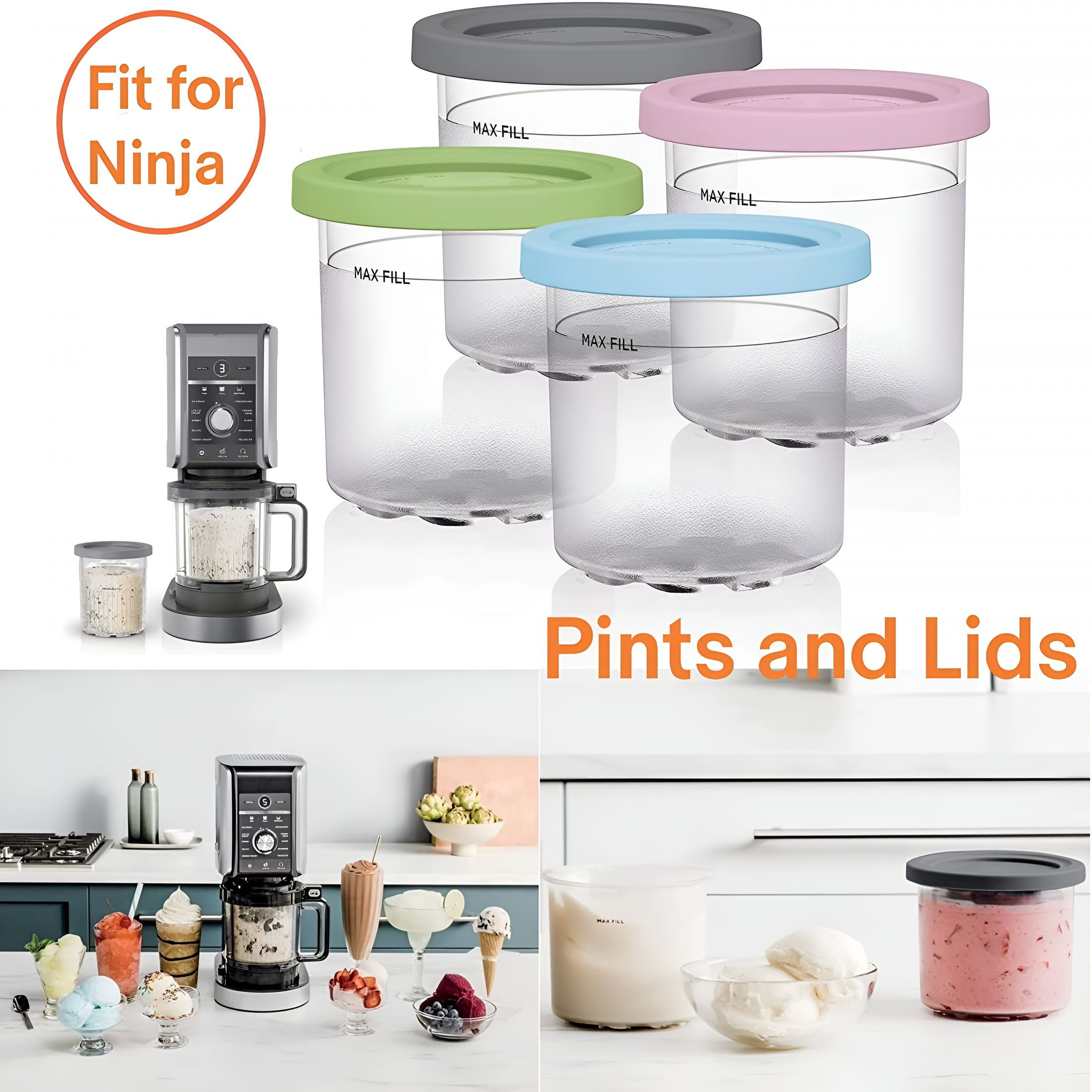 ACDANC 2026 New Ice Cream Pints Containers,4 Packs Cream Containers with Lids Replacements for Ice Cream Maker for Kitchen, Freezer, Dessert Prep, Homemade Ice Cream