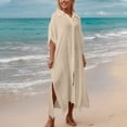 thumbnail image 5 of Uaswgudfs Women's Collared Button Down Swimsuit Cover Up Knot Front Side Split Maxi Beach Kimono Dress for Summer Pool Vacation Beige Free Size, 5 of 9