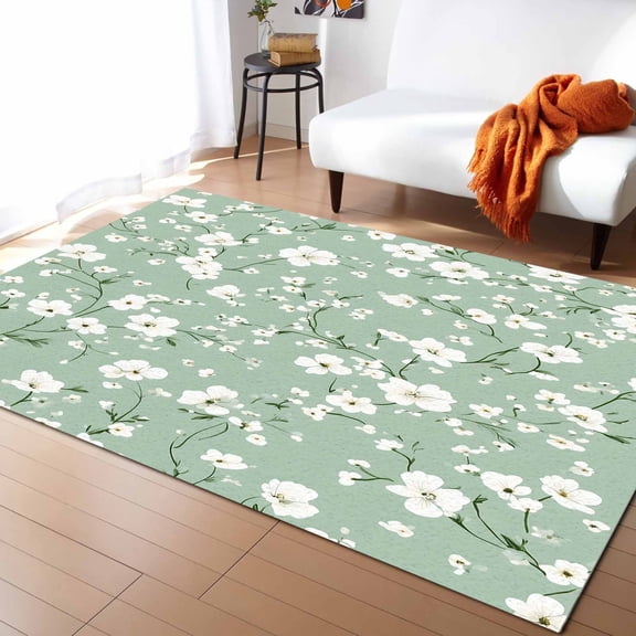 Area Rugs Indoor Non-Slip Rectangle Rug 5x8 Ft Watercolor Flower Country White Camellia Rug Rubber Backing Floor Mats Non Shedding Home Decor Carpet for Entryway Living Room