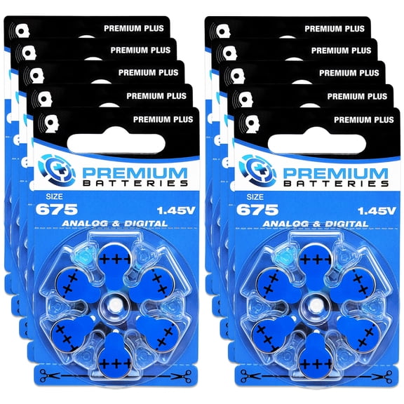 Premium Batteries Premium Plus Size 675 PR44 1.45V Zinc Air Hearing Aid Batteries (60 Pack)