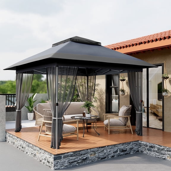 Senfot 12x12 FT Gazebo Canopy Tent with Mosquito Netting Double Top Roof Instant Shelter for Patio Party Backyard Gray