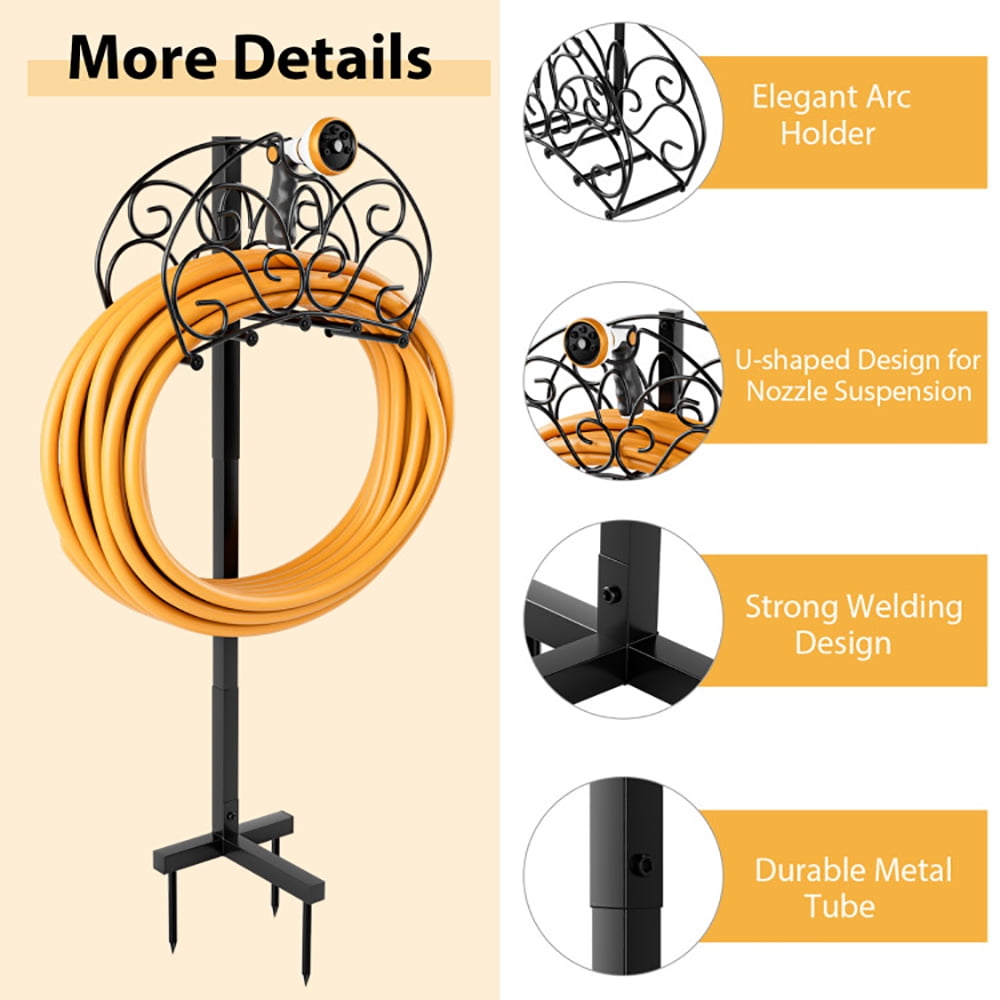 Spaco Detachable Freestanding Hose Holder for Outdoor Yard Garden Lawn, Heavy Duty Metal Water Hose Reel Storage Stand Rack for Yard Lawn, Bright Black