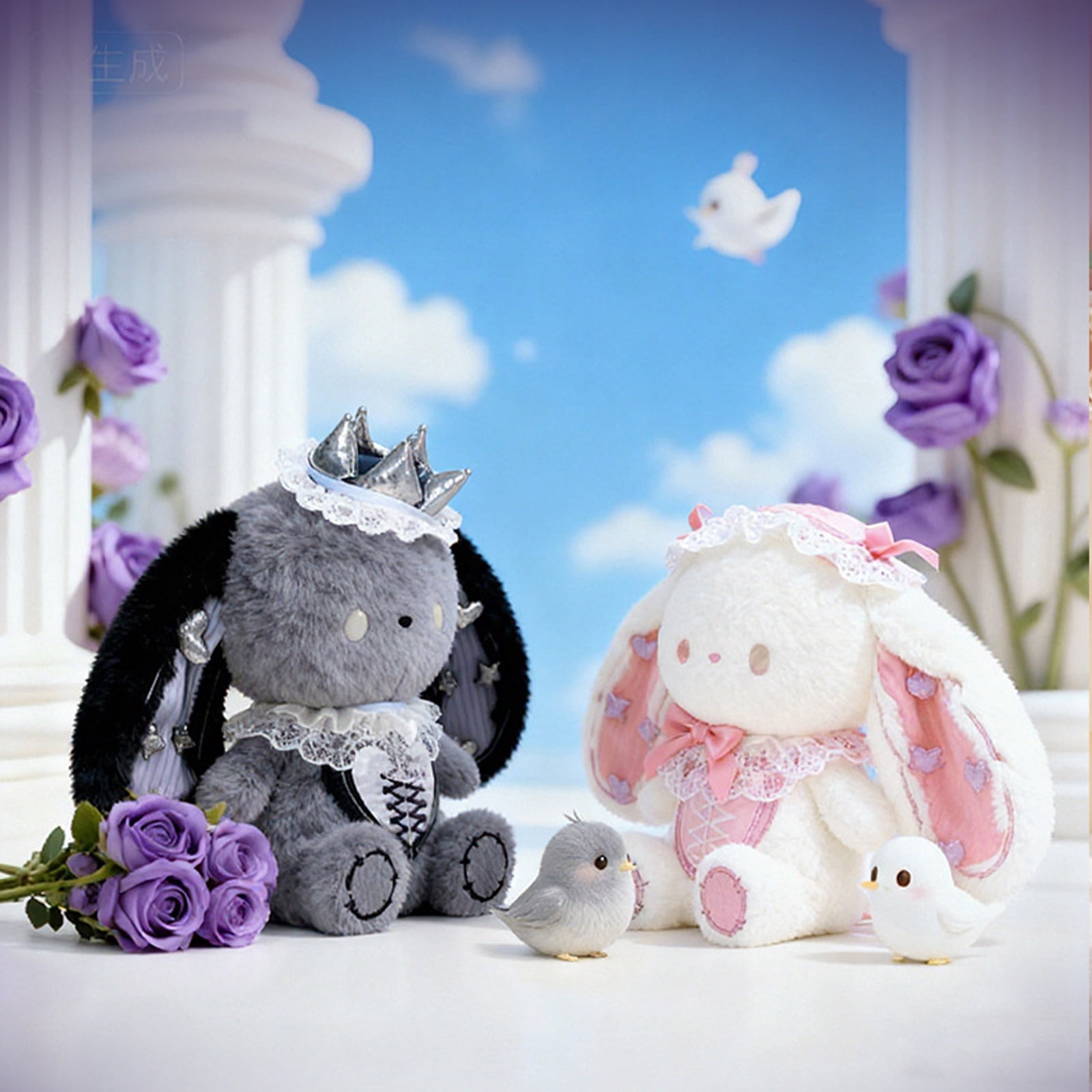 Stuffed Bunny Plush, Stuffed Bunny Rabbit, 12inPink, Heart Plush, Plush Doll, Bunny Ears, Bunny Toy, Black Lace, Lace Fabric, Silver Decor, Bunny Stuffed Animal, 1 Pc
