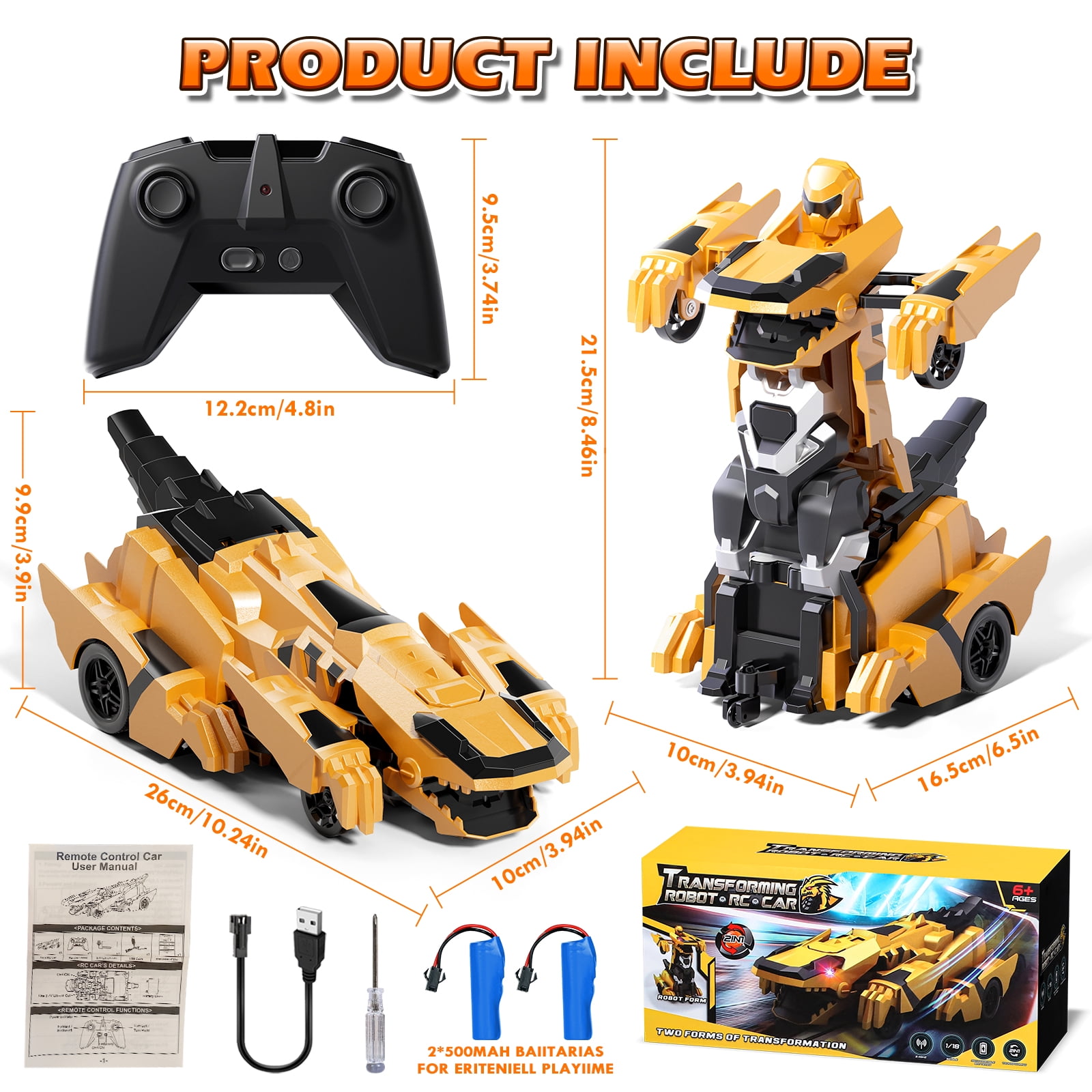 Remote Control Cars, Dinosaur Transform RC Cars, 2.4Ghz Remote Control Car with Light & 360 °Rotation One Button Deformation, Dinosaur Transforming Toys, RC Car for 3-6 7-9 Year Old Boys Girls