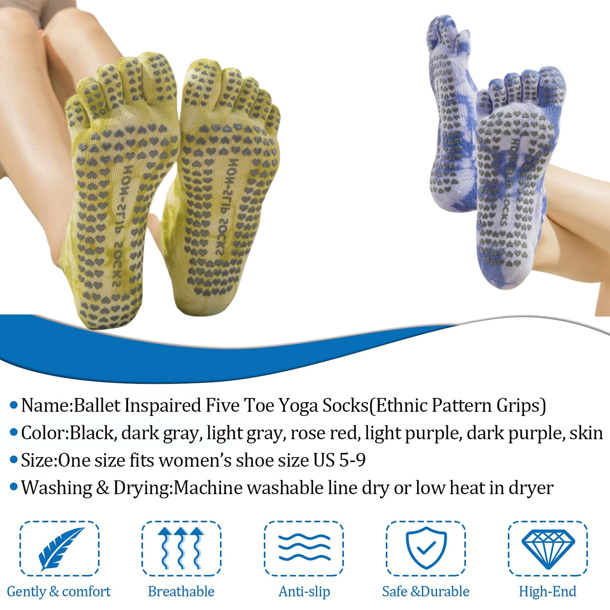 7 Pairs Yoga Toe Socks with Grip for Women. Non Slip, Sticky. Suitable for Pilates, Ballet, Dance, Barefoot