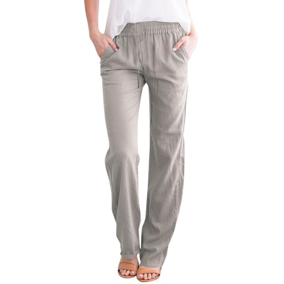 Qetyuw Causal Cotton Linen Pants for Women Lightweight Straight Leg Trousers with Pockets Drawstring Elastic Waist Palazzo Pants