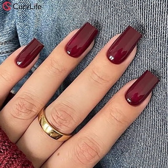 CurvLife Ruby-toned Sophistication Press-On Nails - 30PCS Medium Square, Solid Color Minimalist, Non-Toxic & Reusable