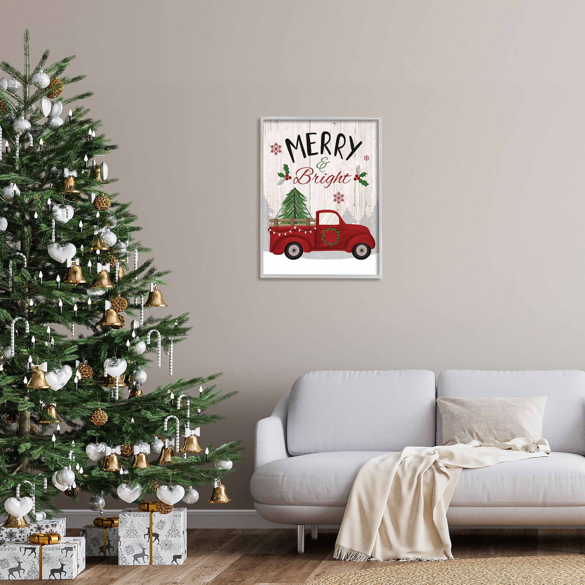 Stupell Indtries Merry & Bright Phrase Red Truck Holiday Forest,24 x 30,Design by Louise Allen Designs