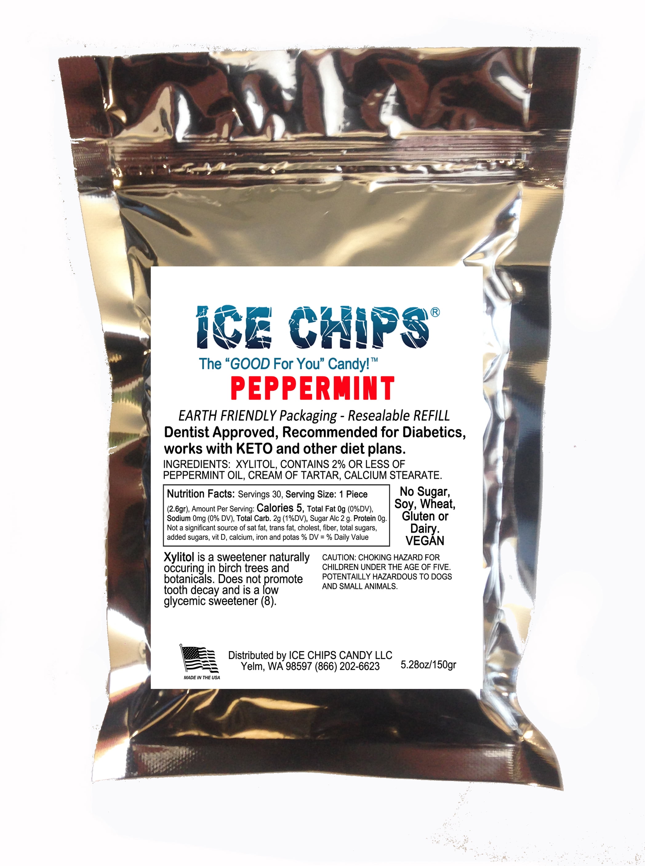 ICE CHIPS Xylitol Candy in Large 5.28 oz Resealable Pouch; Low Carb & Gluten Free (Peppermint)
