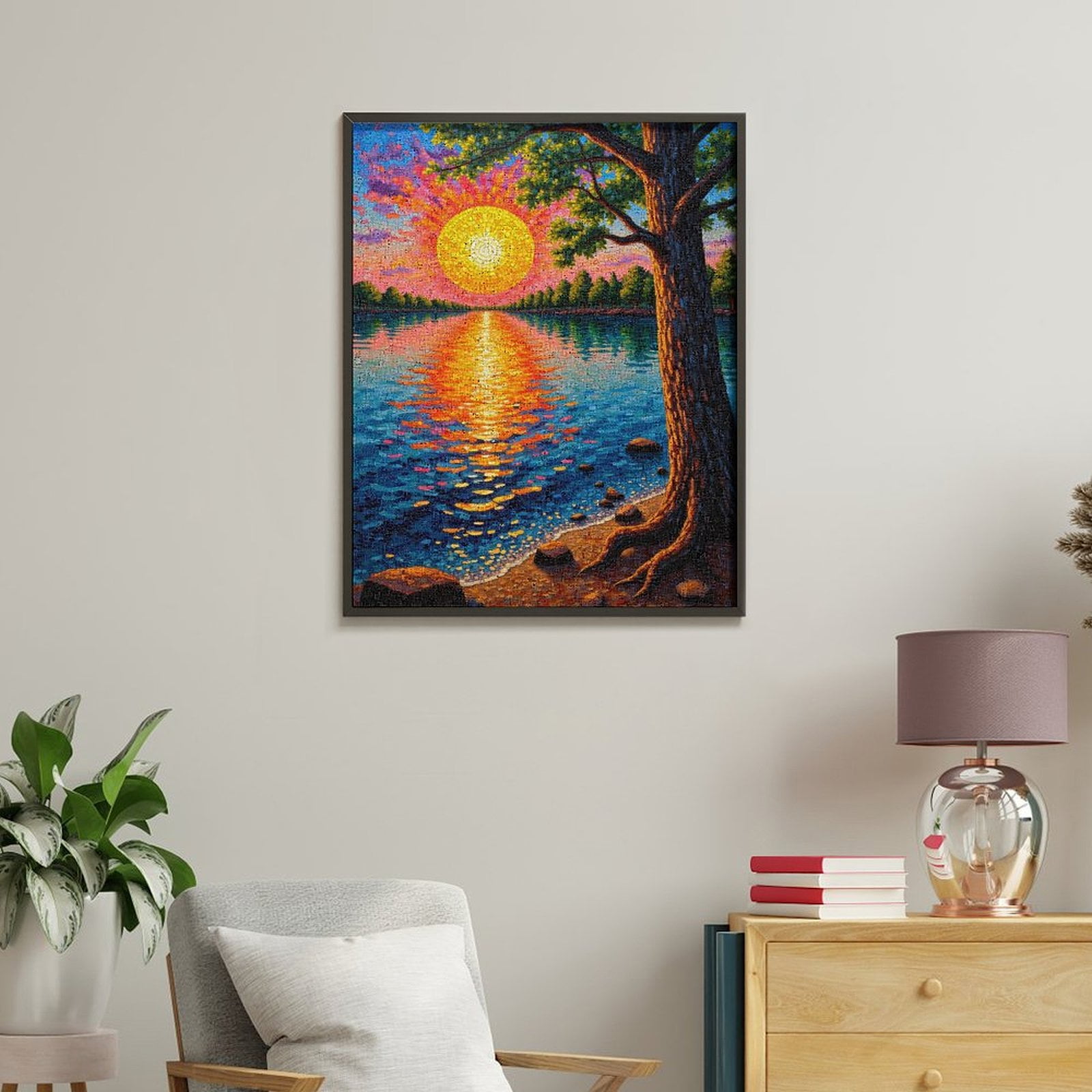 Paint by Numbers Kit for Adults, Sunset Over Water Mosaic Art Paint by Numbers, Easy Paint by Numbers Kit for Adults Beginner, DIY Adult Paint by Number Kits on Canvas, Home Decor