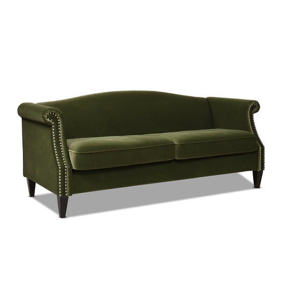 Elaine Camel Back Sofa Nailhead Accents, Olive Green