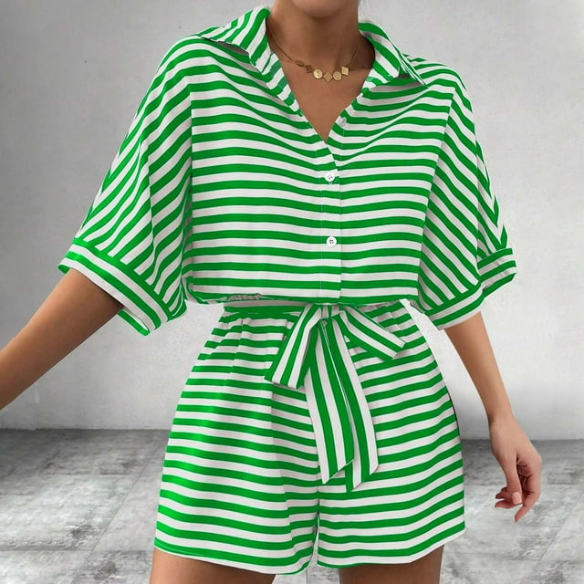 Wesltd Combinaisons Courtes pour Femmes Été Amples à Revers Combinaison Courte Décontractée Tenues de Plage Vêtements de Vacances