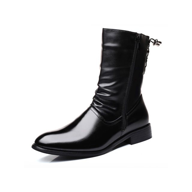 Colisha Mens Booties Side Zip Riding Boot Casual Pleated Mid Calf Boots Dress Non Slip Pointed Toe Winter Shoes Black 7