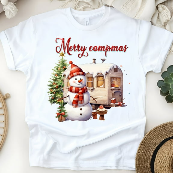 Merry Campmas T-Shirt | Cute Snowman Camping Holiday Graphic Tee, White, Size S
