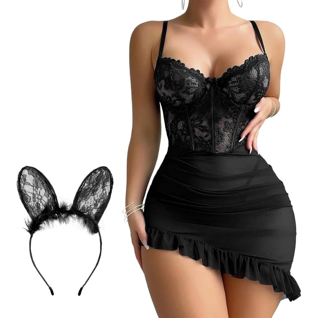 Lencería de Encaje para Mujer, Ropa de Dormir, Conjunto de Lencería para Mujer, con Diadema con Orejas de Gato