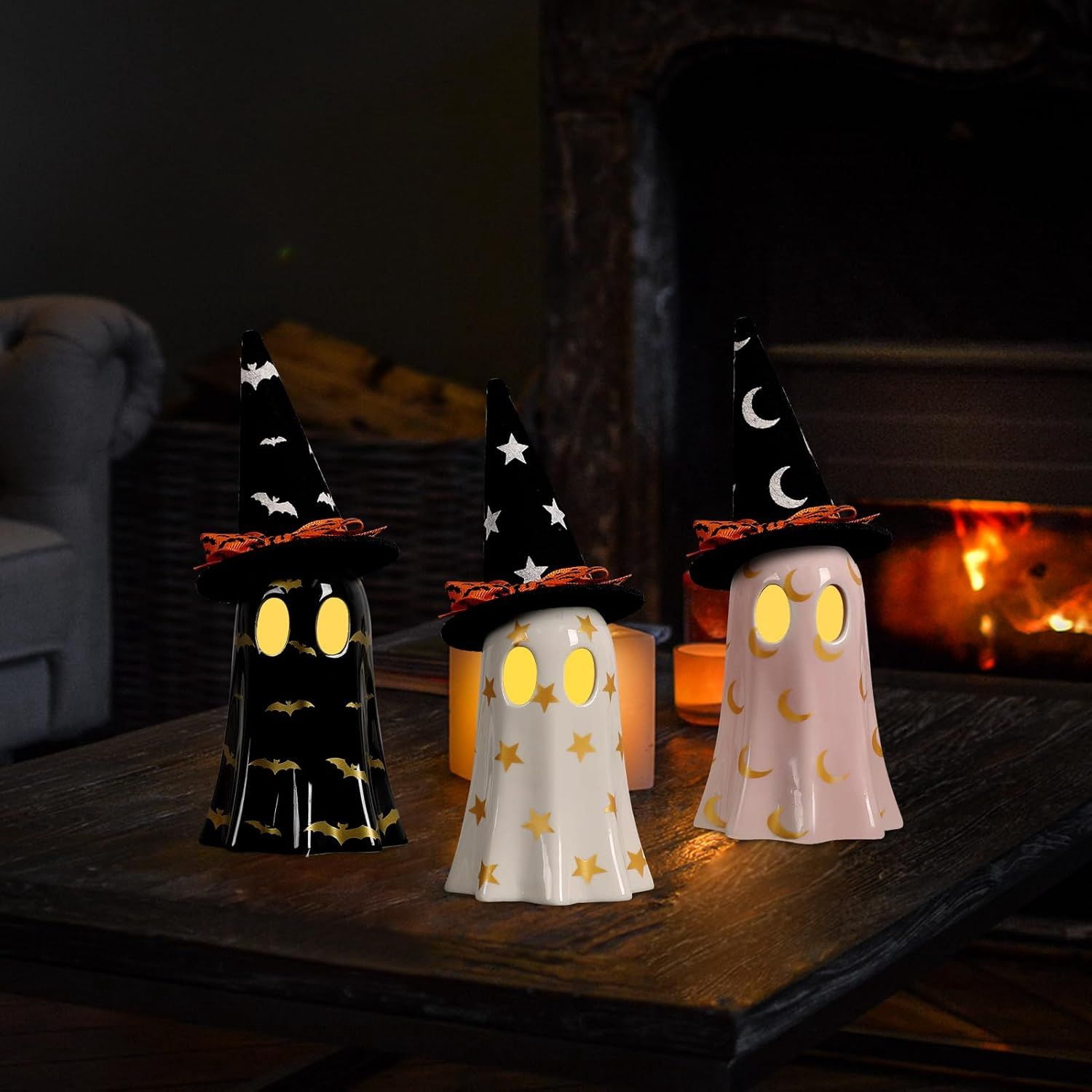 Set of 3 Ceramic Ghost Figurines with Witch Hats for Halloween Table Decor
