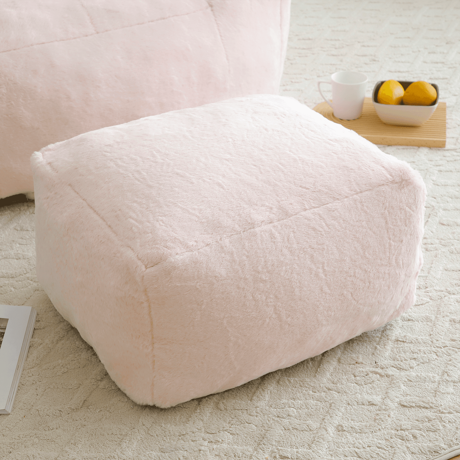 Lovableguy Oversized Bean Bag Chair for Adults and Kids,Shell-Shaped Fluffy Faux Fur Lazy Floor Sofa with Foot Stool for Living Room,Dorm,Pink
