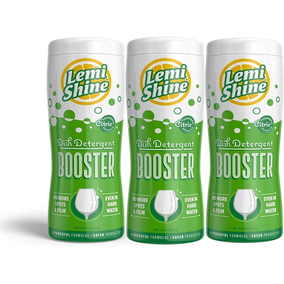 Lemi Shine Booster - Natural Lemon Dishwasher Detergent Additive and Hard Water Spot Remover for Glass & Dishes with Natural Citrus Extracts, 12oz Container, 3 Pack Bundle
