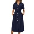 thumbnail image 3 of Women'S Solid Color Dress Summer Casual Short Sleeve Button V Neck Dresses Long Beach Shirt Dress with Pockets, 3 of 9