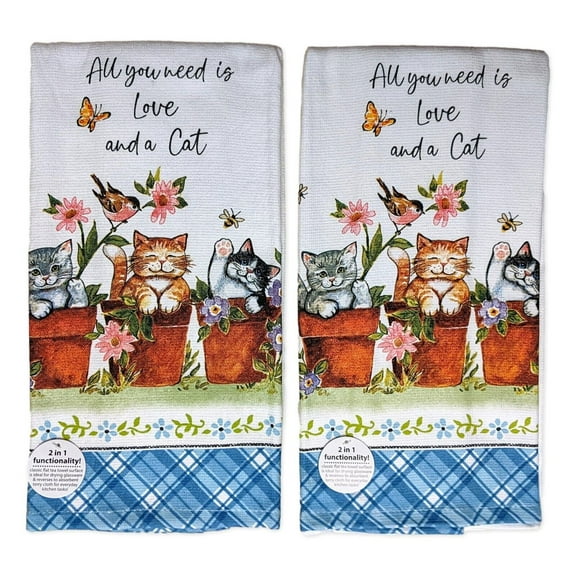 Set of 2 ALL YOU NEED IS LOVE AND A CAT Terry Kitchen Towels by Kay Dee Designs