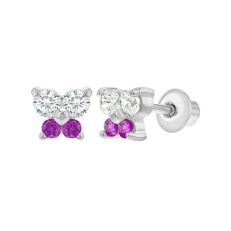 Small Butterfly Earrings - Rhodium Plated Small Butterfly Pink Clear CZ Screw Back Baby Girls Earrings