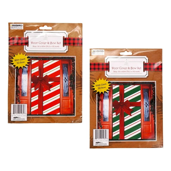 Christmas Door Cover And Bow Set (2 Pack, Red And Green Stripes, 30 x 60 in) Holiday Gift Front Door Decor Background Banner Christmas Party Backdrop