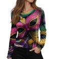 thumbnail image 4 of Womens Mardi Gras Shirts Sequins Feathers Print Crew Neck Blouse Carnival Long Sleeve Purple Tunic Tops Hot Pink M, 4 of 6