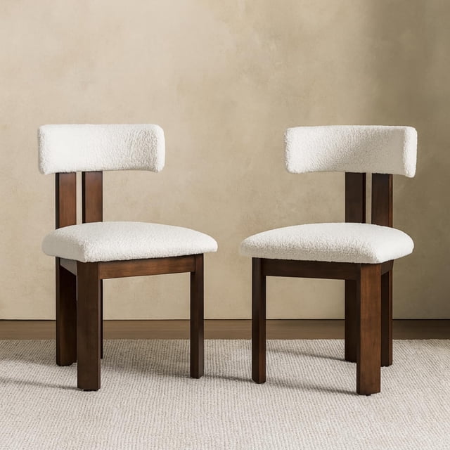 LivinVeluris Chairs Set of 2, Modern Dining Chairs Mid-Century, (White Teddy Velvet/Brown Legs Set of 2)