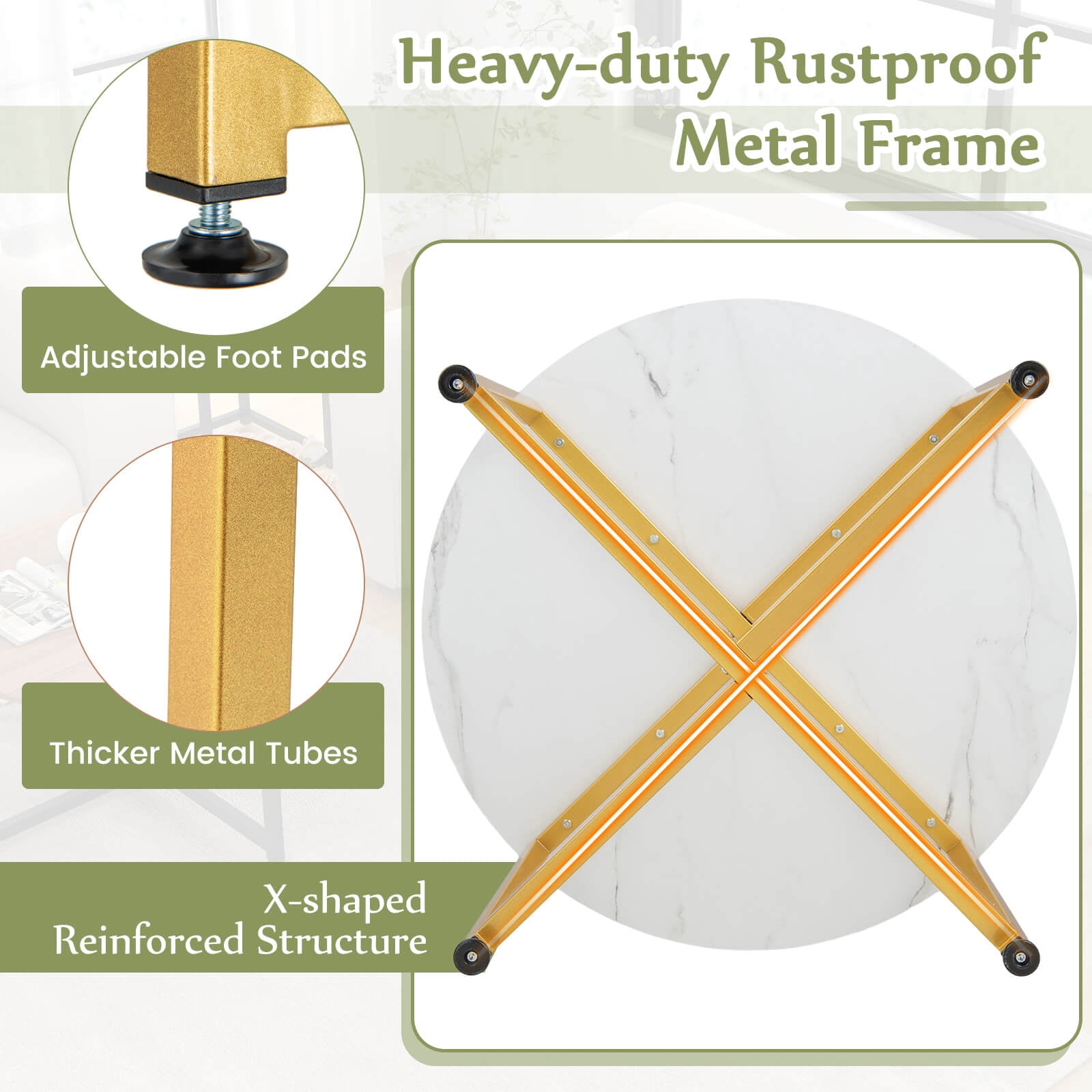 Costway 3 PCS Coffee Table Set Round Coffee Table and 2PCS Square End Tables Metal Frame White