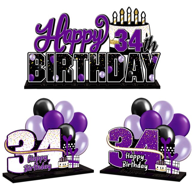 Lingteer Juego De Centros De Mesa De Acrílico Morado Happy 34Th Birthday – Saludos A 34 Años De Edad, Decoración De Regalo Para Fiesta De Cumpleaños 34.